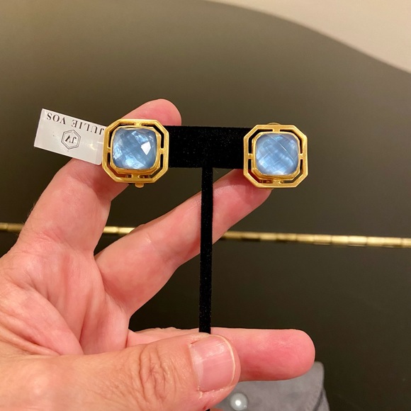 JULIE VOS. NWT Authentic Geneva Chalcedony Blue Clip Statement Earrings. - Picture 6 of 14